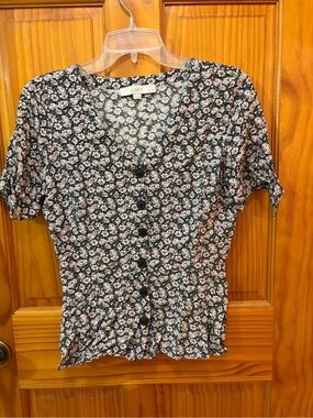 LOFT Black Floral Button-Front Women's Top